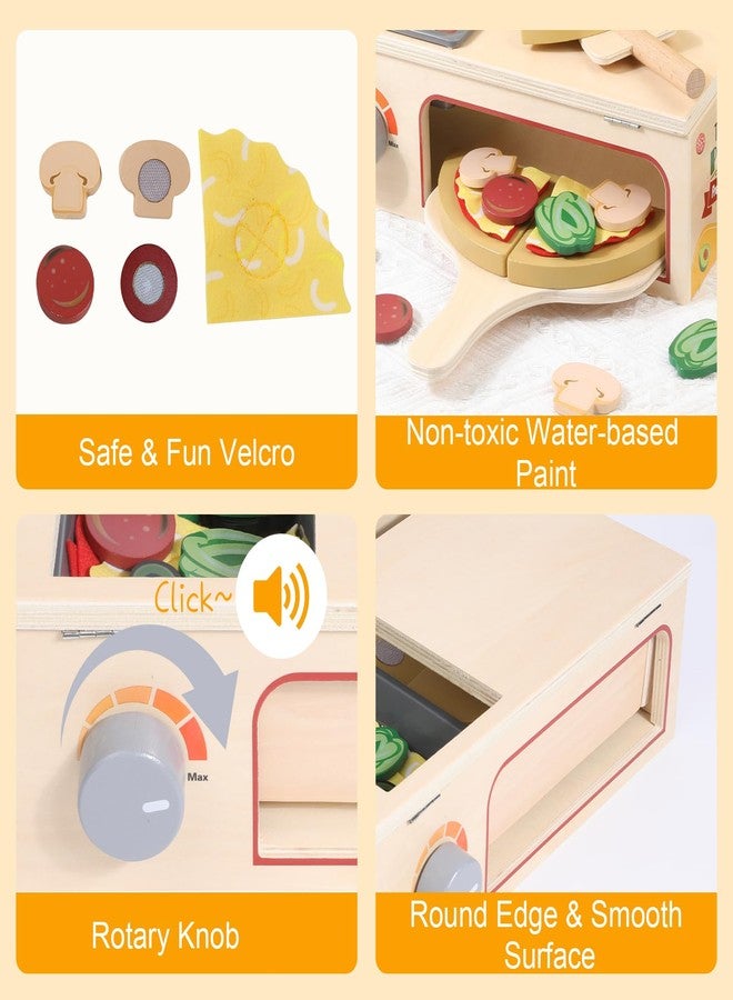 Gserin 50PCS Wooden Pizza Toy, Pizza Counter Playset with Bake Oven, Kitchen Play Food and Accessories for Kids, Montessori Pretend Play Toys for Boys Girls Age 3+ - Image 4